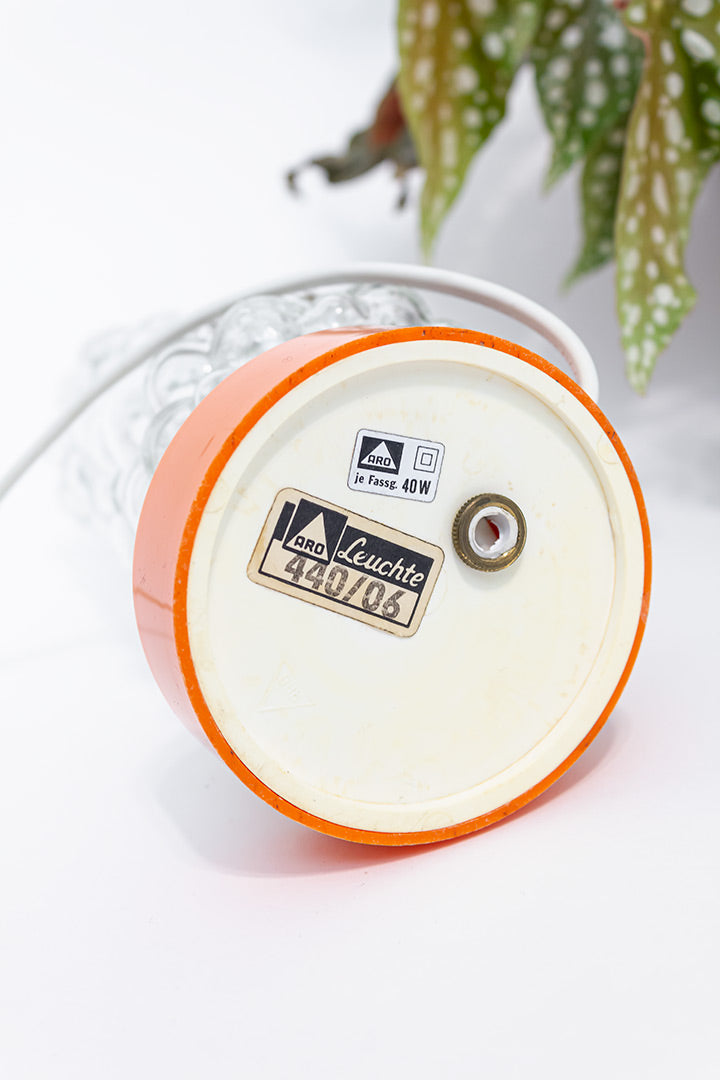 Vintage bedlampje glazen kap met bubbels en oranje voet