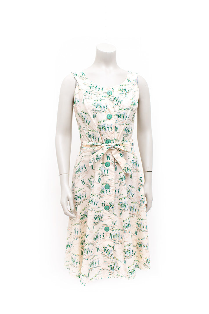 Vintage beige katoenen zomerjurk met mintgroene paardenrace print