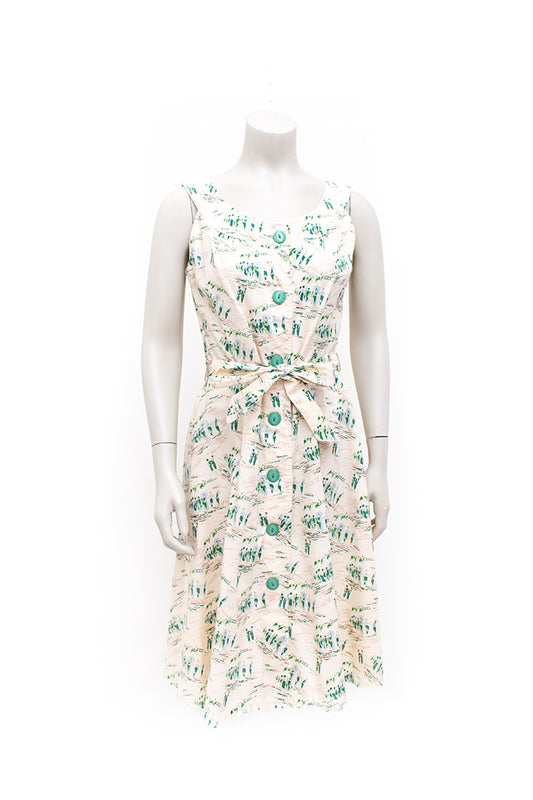 Vintage beige katoenen zomerjurk met mintgroene paardenrace print