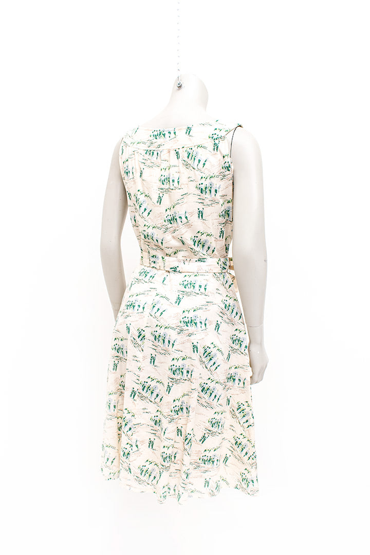 Vintage beige katoenen zomerjurk met mintgroene paardenrace print