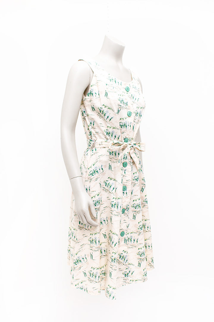 Vintage beige katoenen zomerjurk met mintgroene paardenrace print