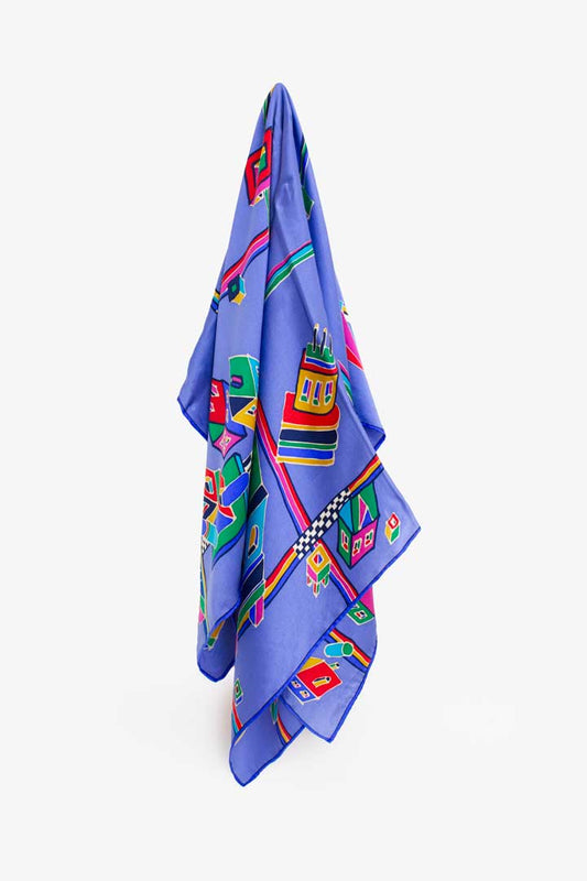 Vintage blauw en rijk gekleurde zijden sjaaltje