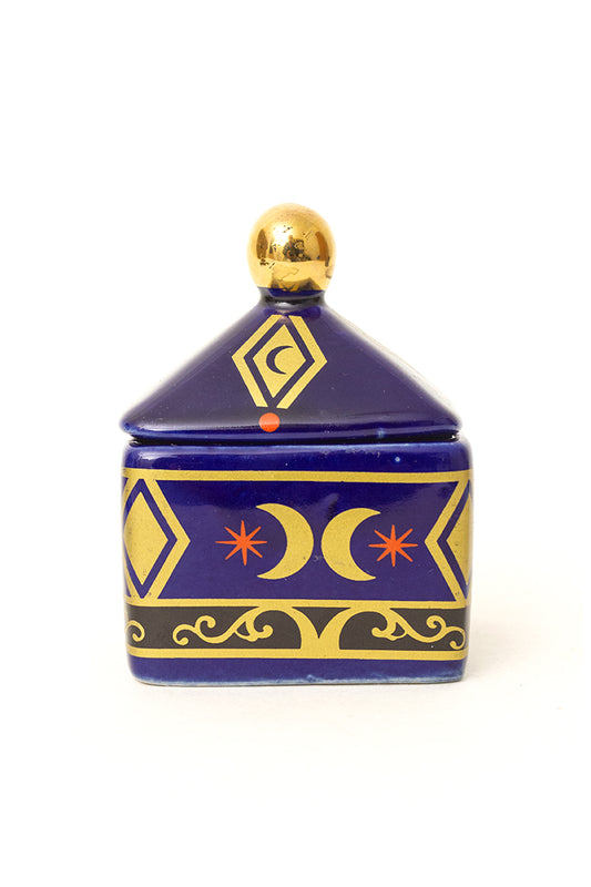 Vintage blauw keramieken potje met print van goudkleurige manen