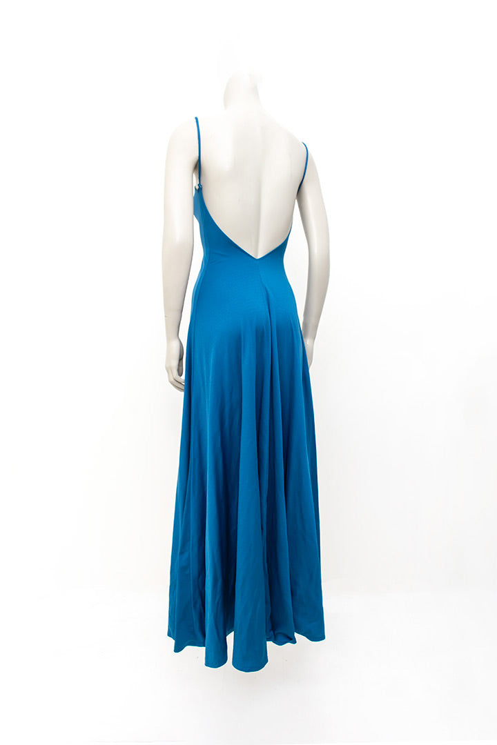Vintage blauwe avondjurk met laag uitgesneden rug