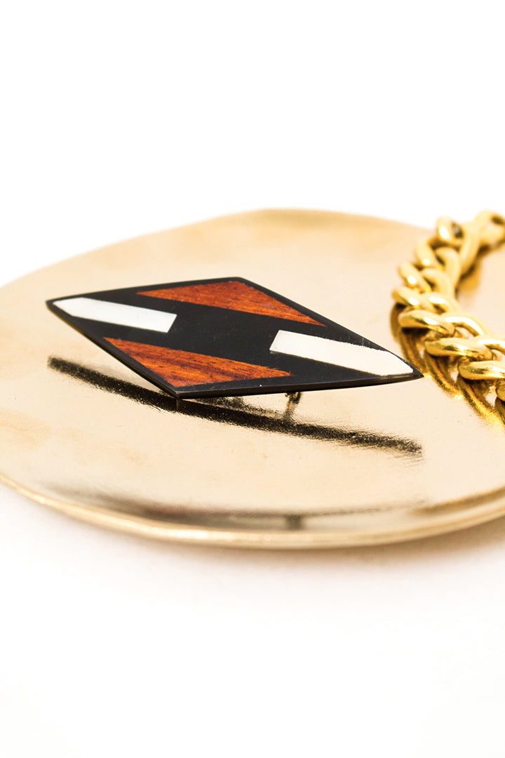 Vintage broche ruit ingelegd met teakhout en parelmoer