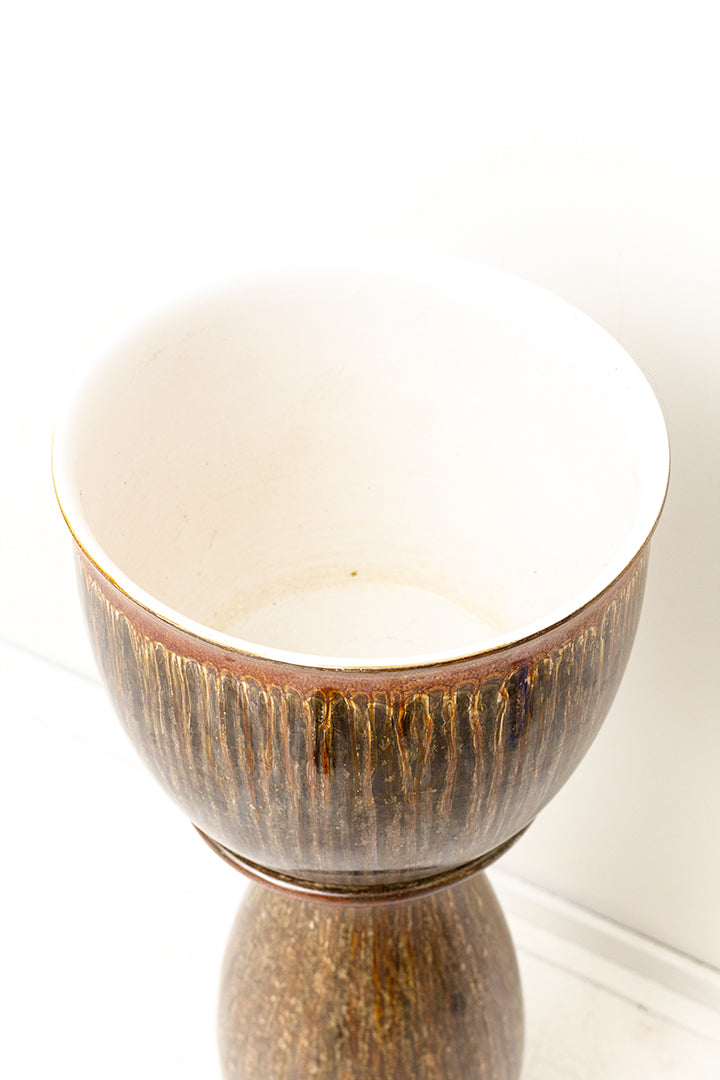 Vintage bruine keramieken sokkel met bijpassende bloempot Scheurich West-Germany