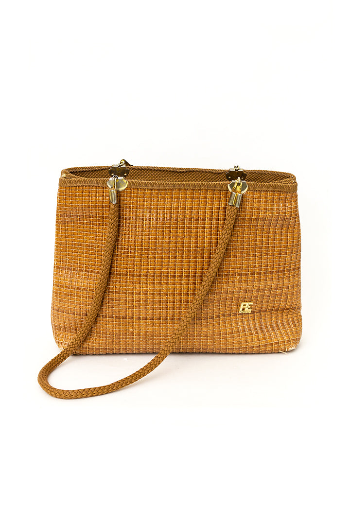 Vintage bruine schoudertas met riet-look en hengsels van touw