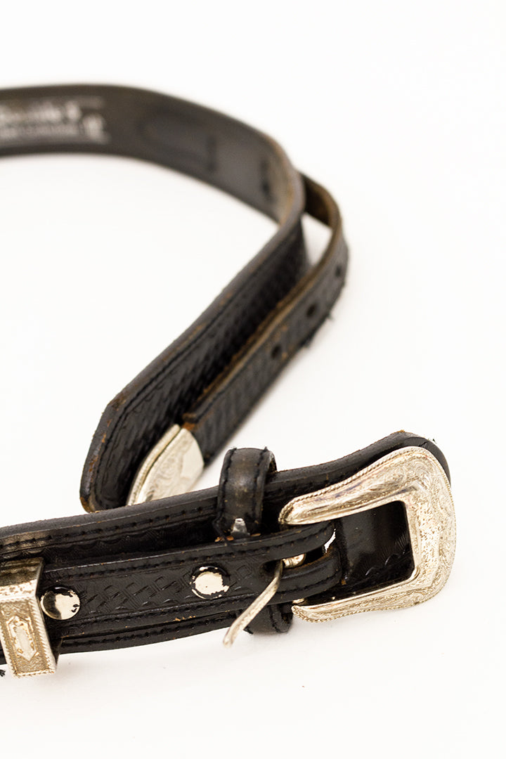Vintage cowboy riem van zwart leer met zilverkleurige gesp