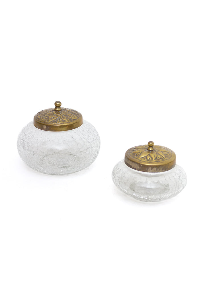 Vintage craquelé potten van glas met messing deksel - set van 2