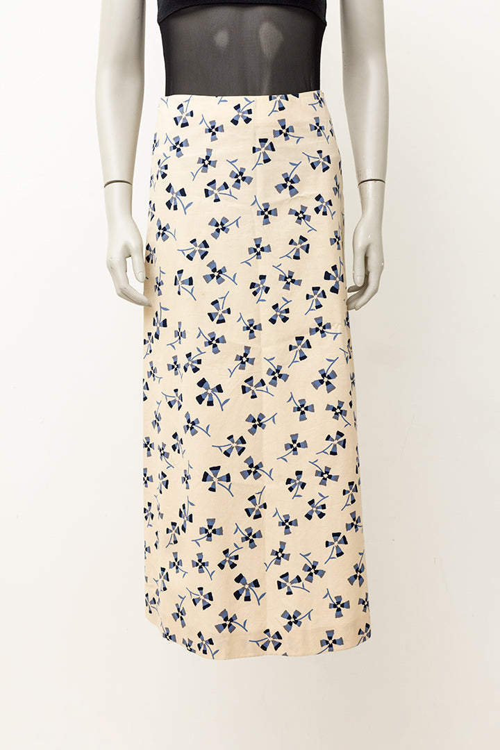 Vintage crèmekleurige midirok met grafische blauwe bloemenprint Marni