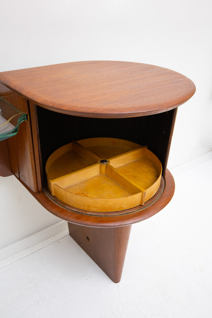 Vintage houten kaptafel met tambour deurtjes en drieluikspiegel