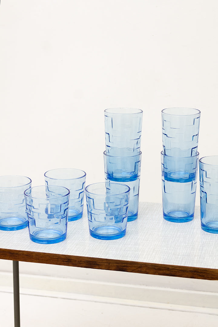 Vintage drinkglazen blauw met geometrisch reliëf - set van 9