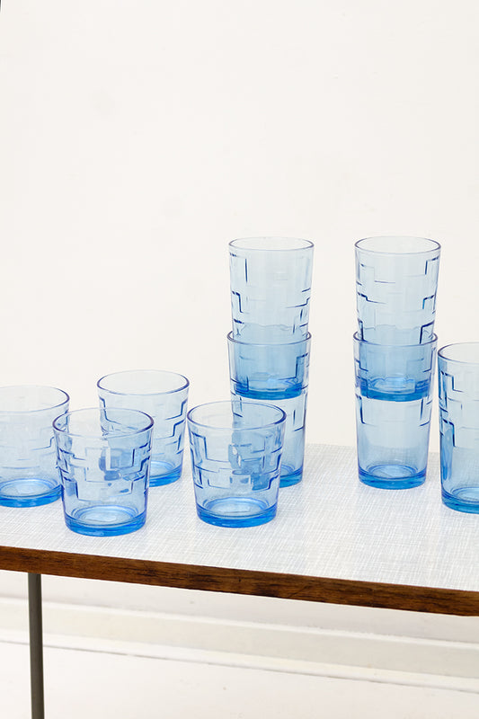 Vintage drinkglazen blauw met geometrisch reliëf - set van 9