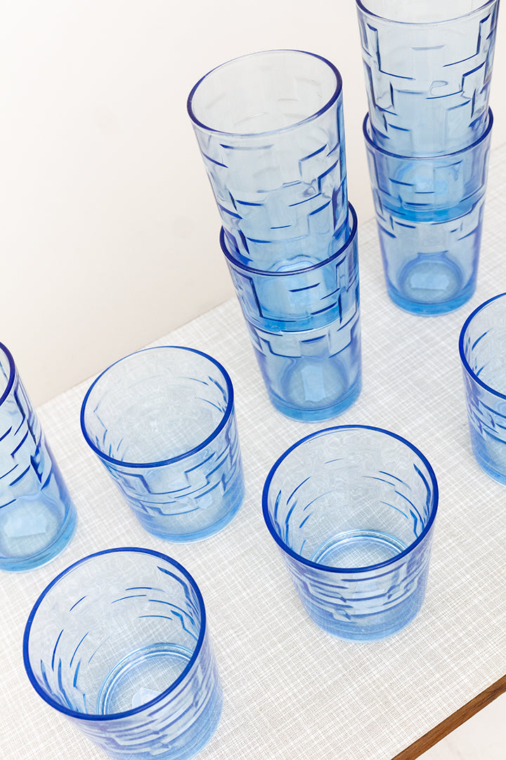 Vintage drinkglazen blauw met geometrisch reliëf - set van 9
