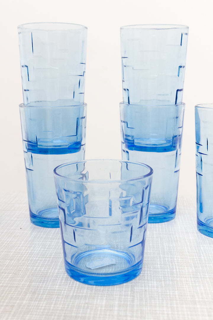 Vintage drinkglazen blauw met geometrisch reliëf - set van 9
