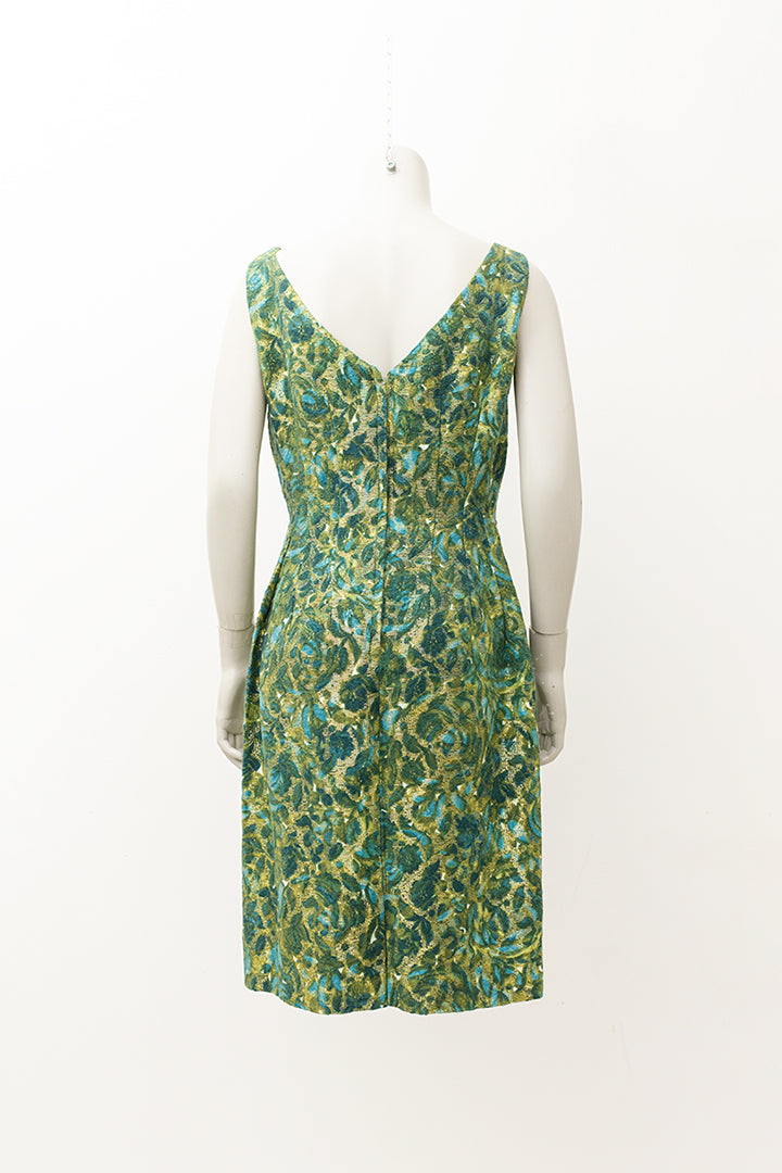 Vintage feestjurk groen/goud met strik in de taille