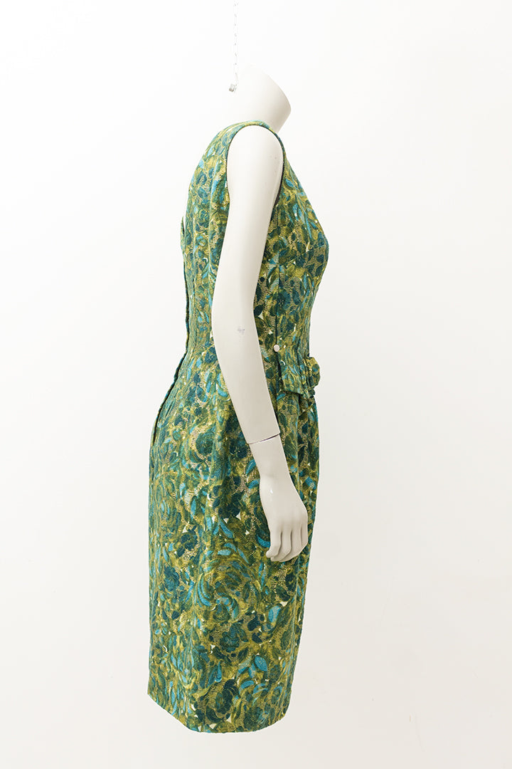 Vintage feestjurk groen/goud met strik in de taille