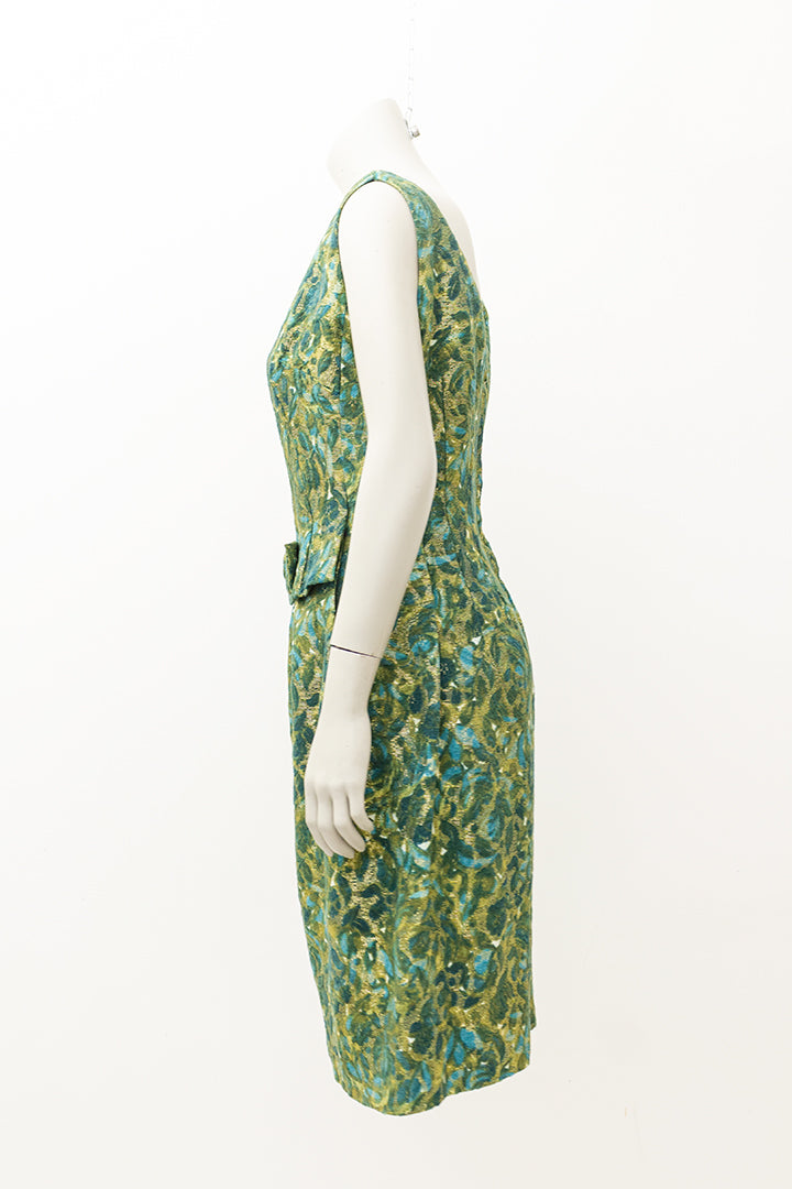 Vintage feestjurk groen/goud met strik in de taille