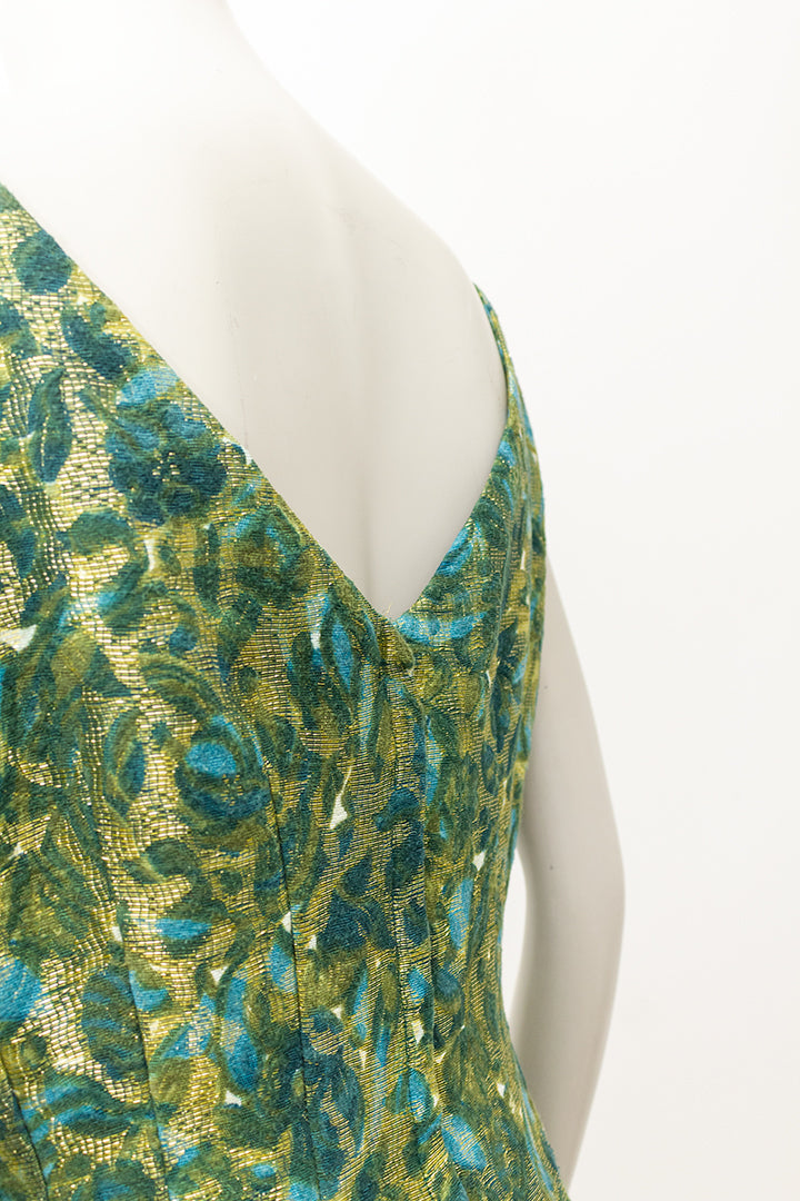 Vintage feestjurk groen/goud met strik in de taille