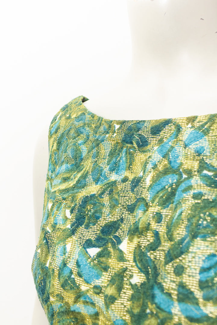 Vintage feestjurk groen/goud met strik in de taille