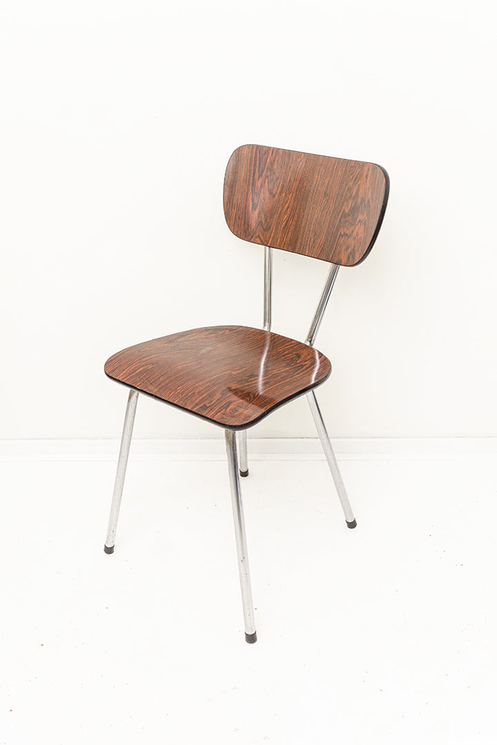 Vintage formica stoel met print van donker hout