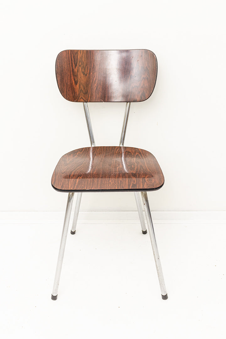 Vintage formica stoel met print van donker hout