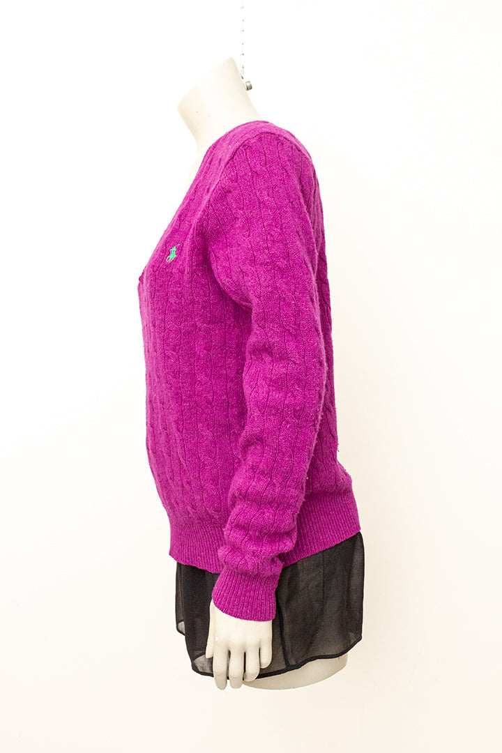 Vintage fuchsia wollen kabeltrui Ralph Lauren