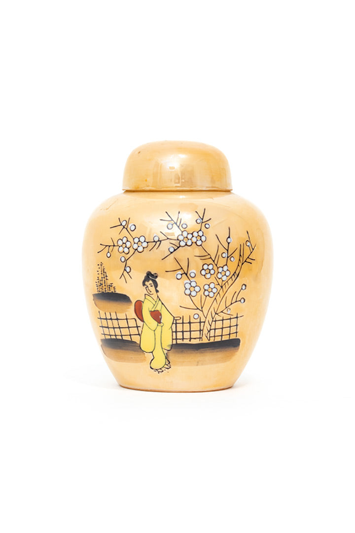 Vintage gemberpot porselein zalmroze met Japanse print
