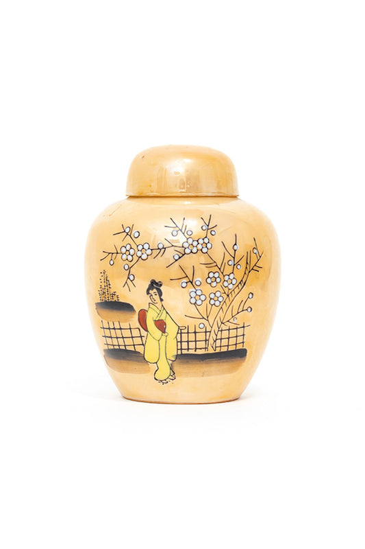 Vintage gemberpot porselein zalmroze met Japanse print