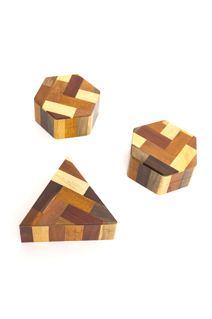 Vintage geometrische doosjes houtmix met deksel - set van 3