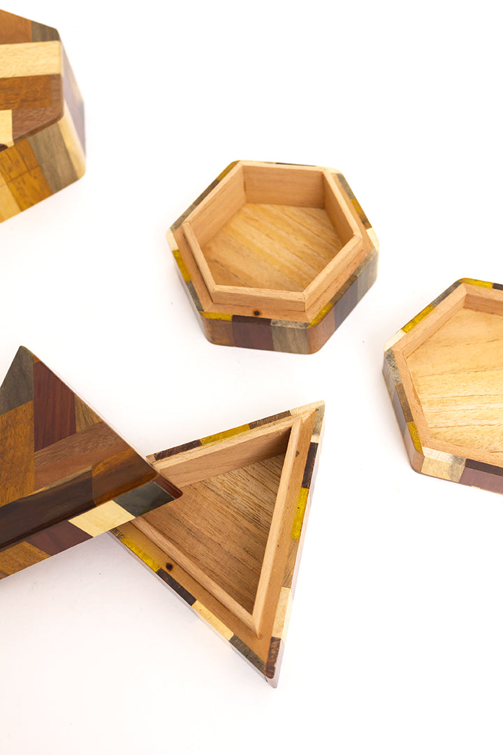 Vintage geometrische doosjes houtmix met deksel - set van 3