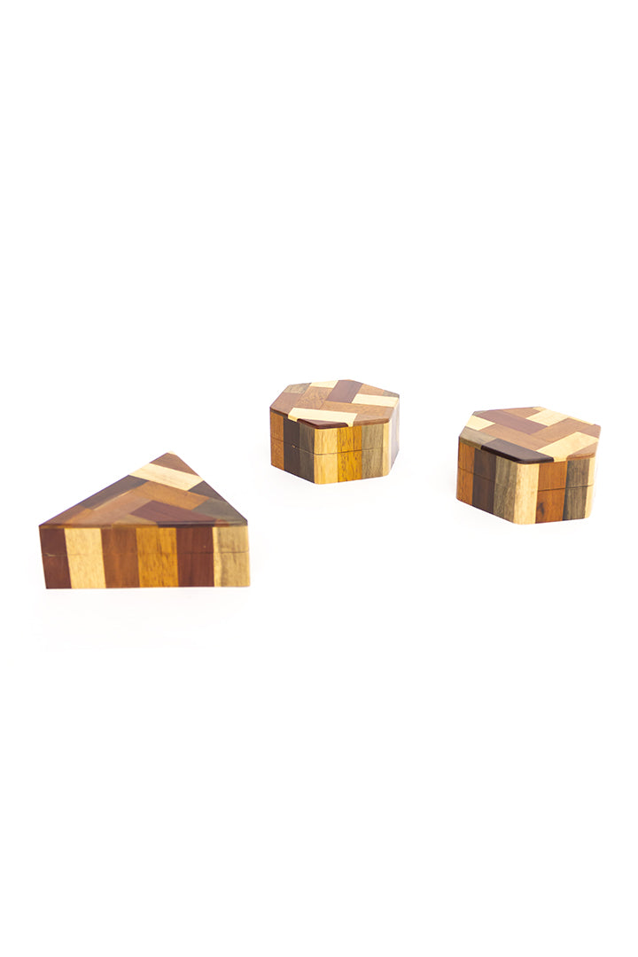 Vintage geometrische doosjes houtmix met deksel - set van 3