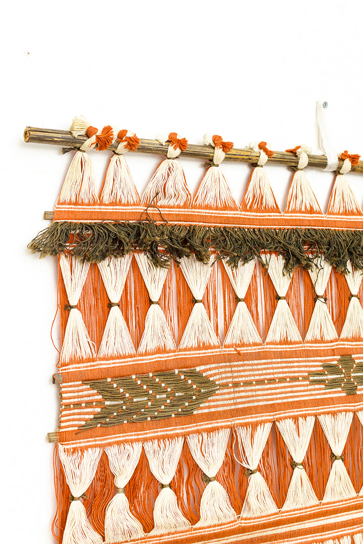 Vintage geweven wandkleed met open structuur oranje/beige/groen