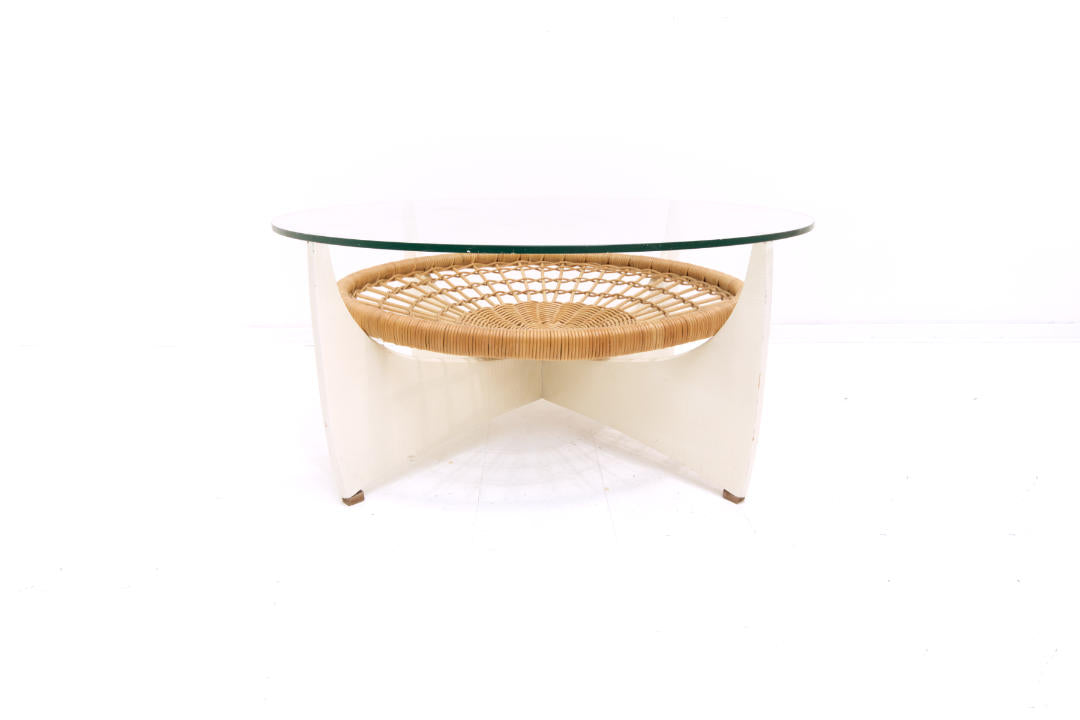 Vintage glazen ronde salontafel wit met rotan lectuurbak