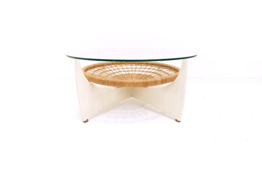 Vintage glazen ronde salontafel wit met rotan lectuurbak