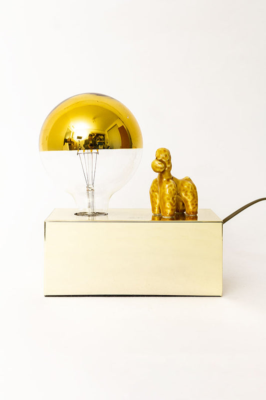 Vintage goudkleurige kopspiegel tafellamp met poedel