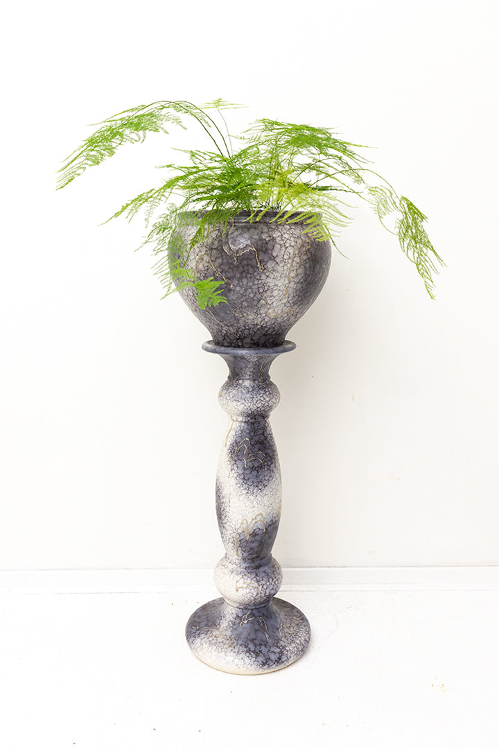 Vintage grijze plantenzuil en bijpassende bloempot van keramiek Ruscha Art