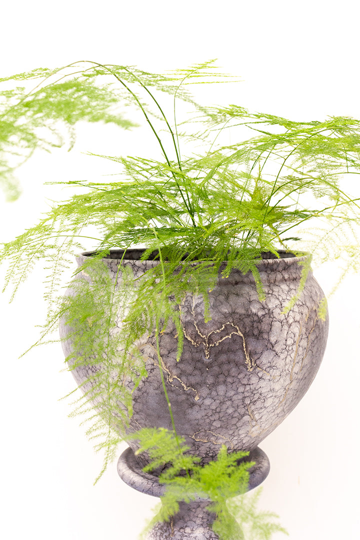 Vintage grijze plantenzuil en bijpassende bloempot van keramiek Ruscha Art