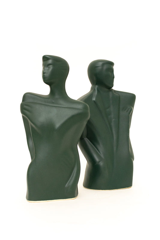 Vintage groene keramieken bustes in de stijl van Lindsey B ‘Rick & Rachel’ jaren 80