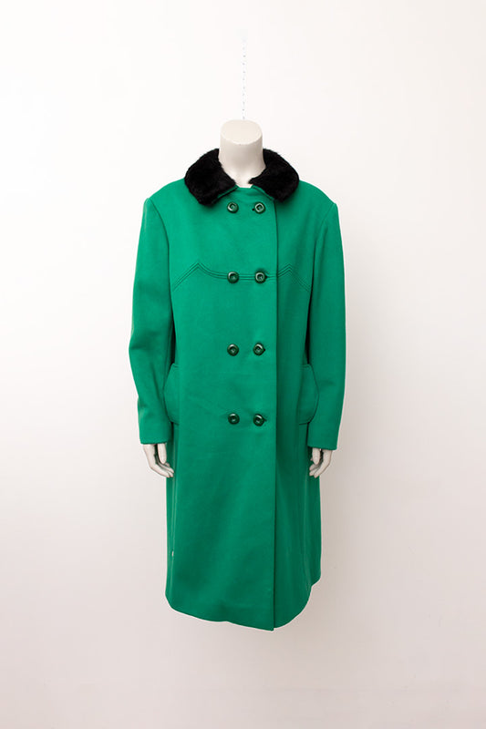 Vintage groene wollen jas met zwarte bontkraag jaren 60