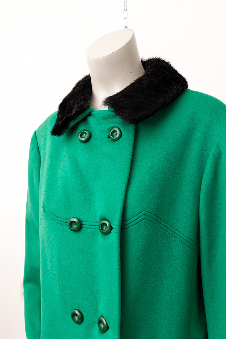 Vintage groene wollen jas met zwarte bontkraag jaren 60