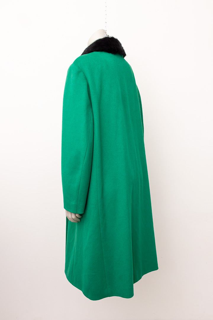 Vintage groene wollen jas met zwarte bontkraag jaren 60