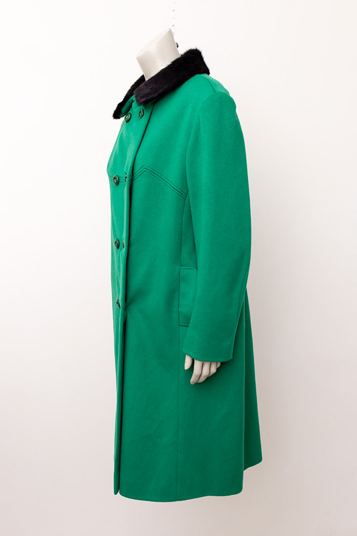 Vintage groene wollen jas met zwarte bontkraag jaren 60