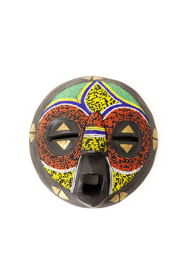 Vintage handgemaakt houten masker ingelegd met kralen en messing Ashanti Ghana