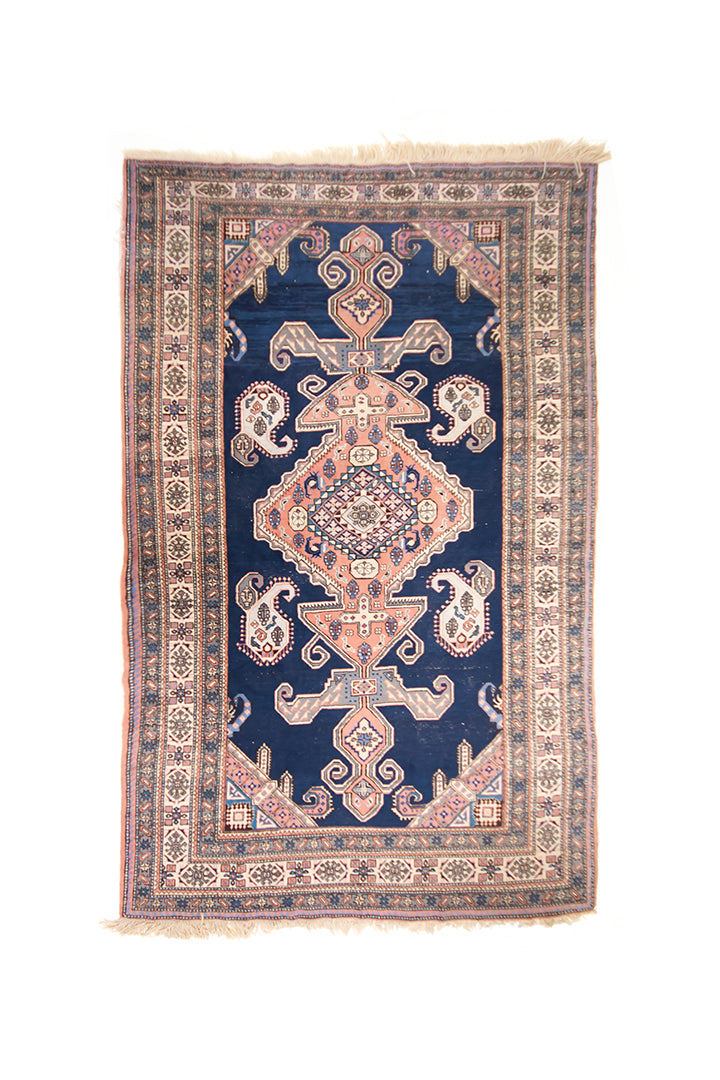 Vintage handgeweven kelim vloerkleed blauw met oudroze 293 x 190 cm