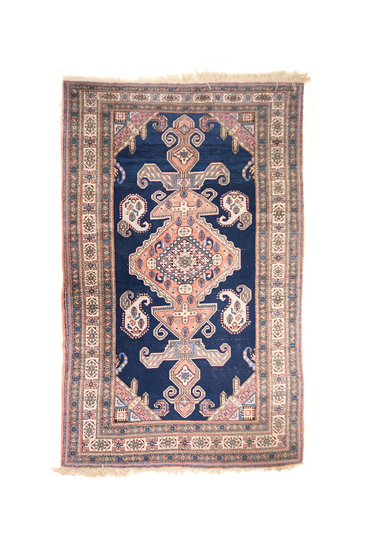 Vintage handgeweven kelim vloerkleed blauw met oudroze 293 x 190 cm