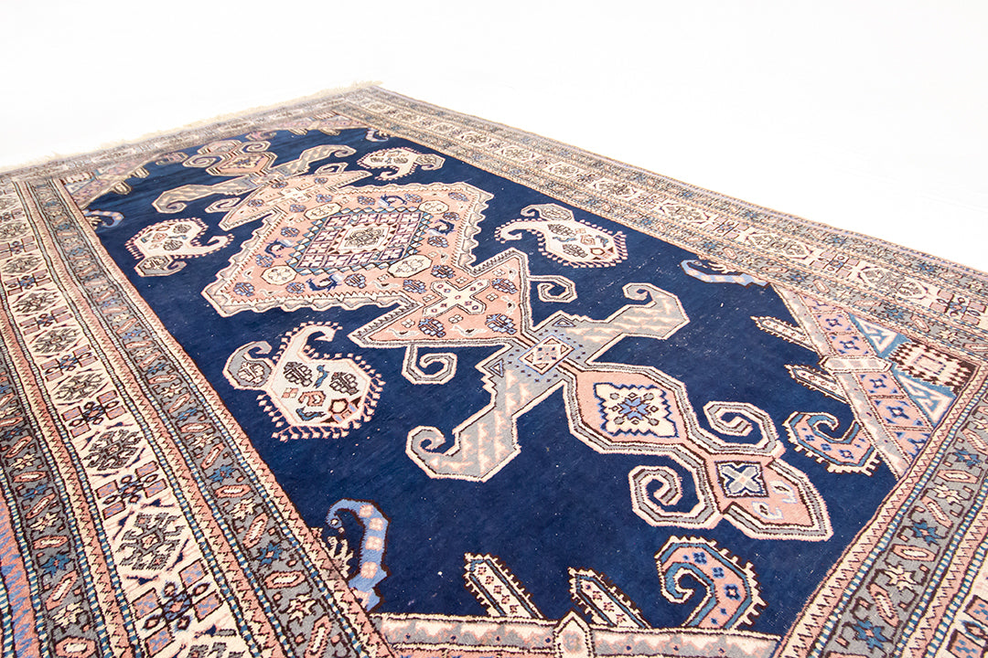 Vintage handgeweven kelim vloerkleed blauw met oudroze 293 x 190 cm