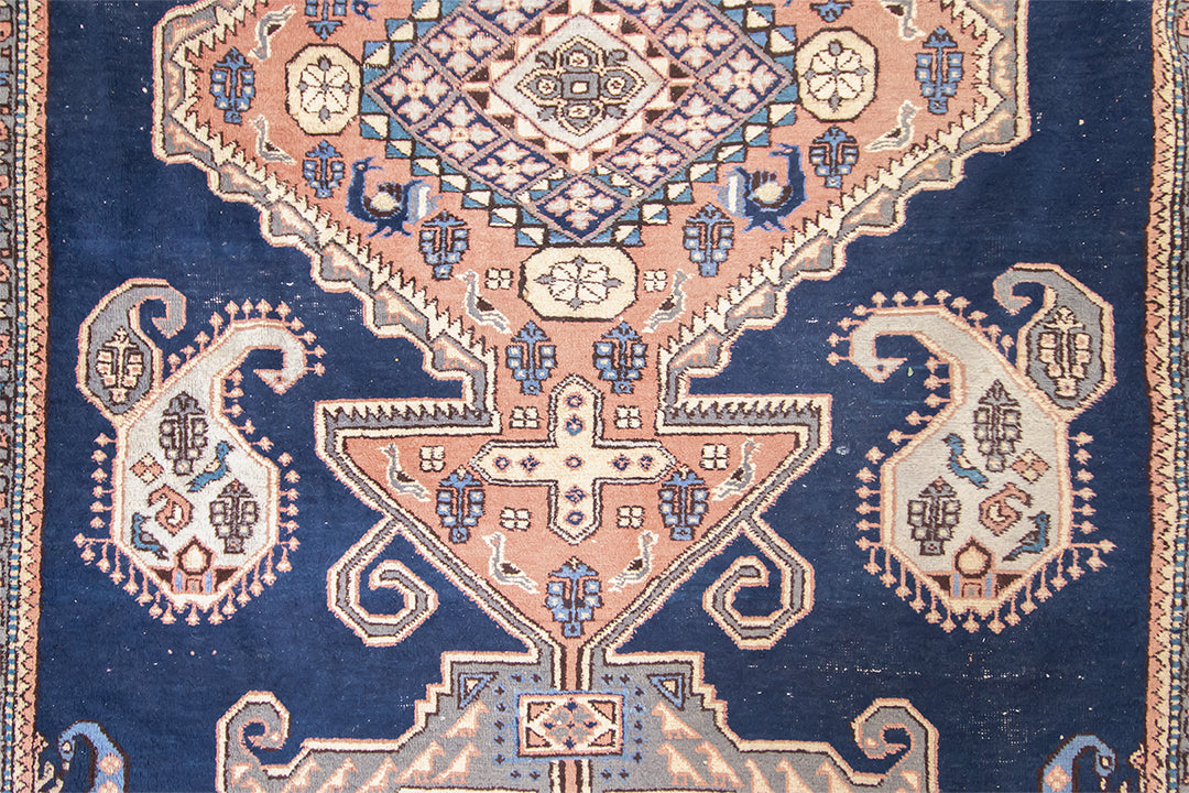 Vintage handgeweven kelim vloerkleed blauw met oudroze 293 x 190 cm