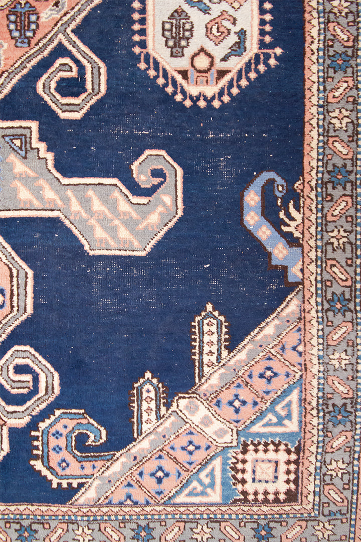 Vintage handgeweven kelim vloerkleed blauw met oudroze 293 x 190 cm