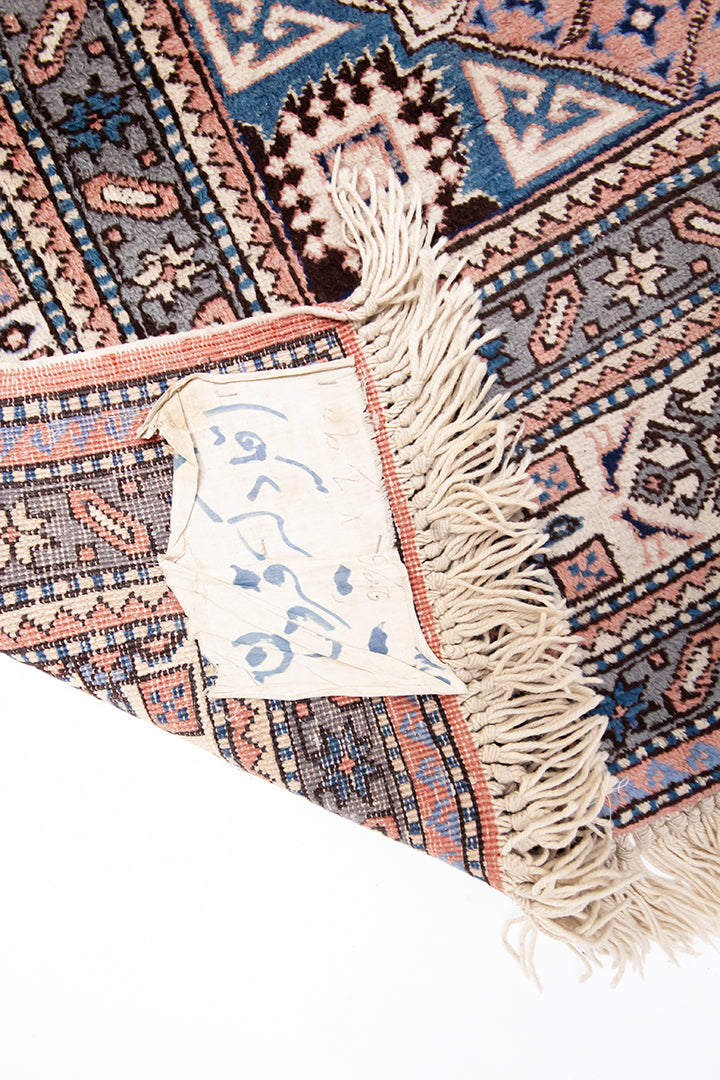Vintage handgeweven kelim vloerkleed blauw met oudroze 293 x 190 cm